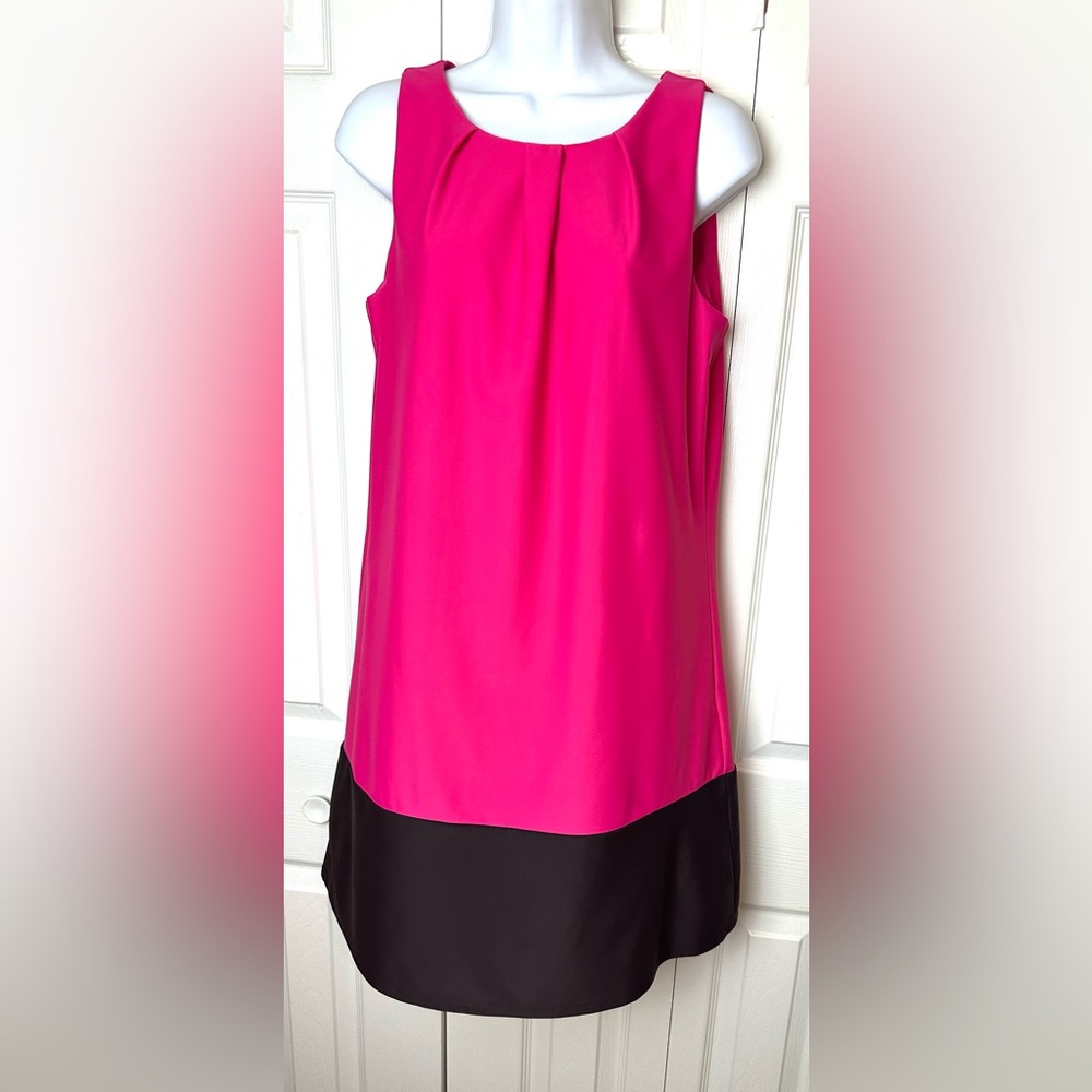 JUDE CONNALLY Pamela Dress Pink Brown Colorblock Pleated Neckline Berry Shift
